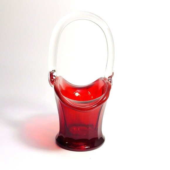 Mosser Ruby Red Art Glass Basket Clear Handle USA Flower Daisy - Picture 3 of 8